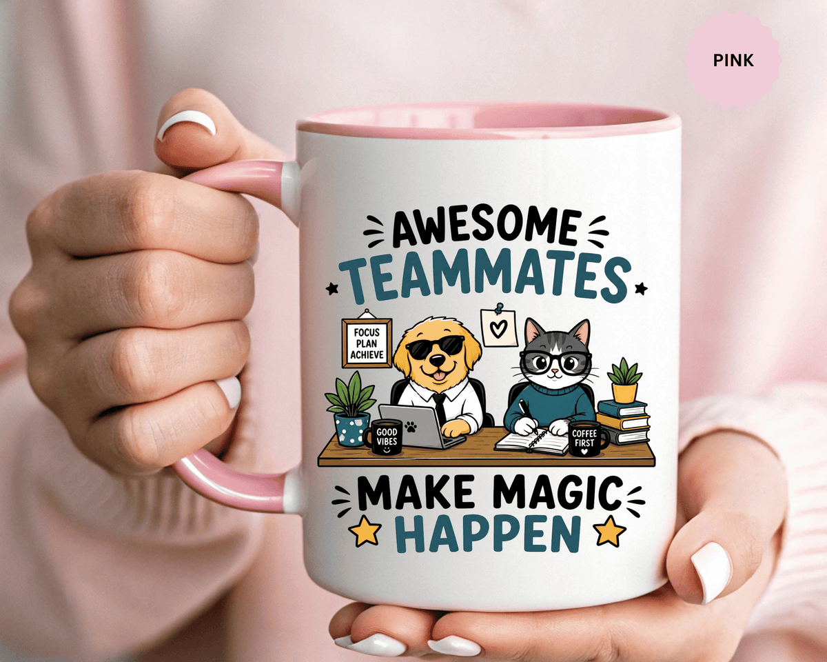 Awesome Teammates Coffee Mug, Coworker Appreciation Gift, Funny Dog and Cat Office Cup, Team Thank You Present for Colleague or Boss