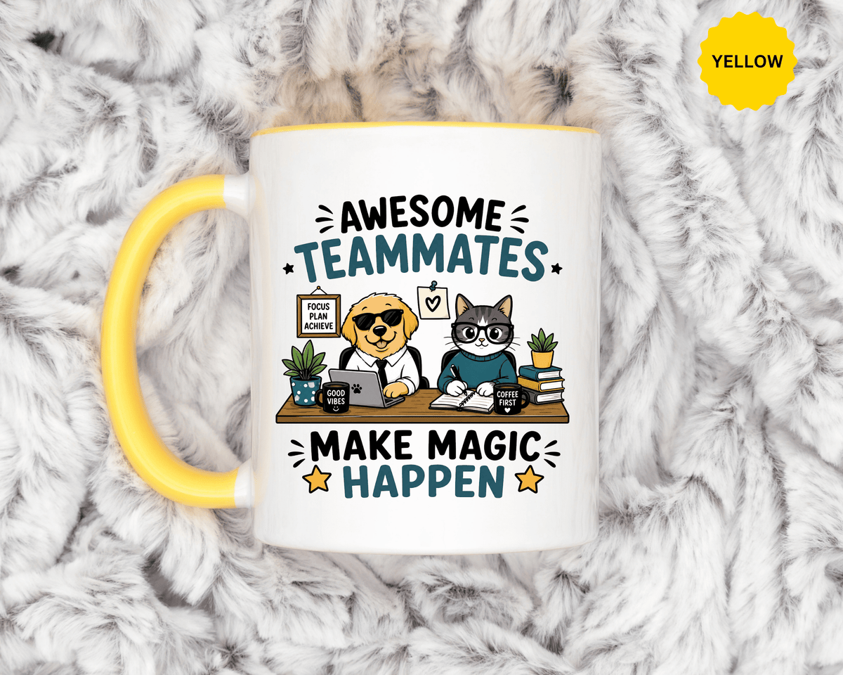 Awesome Teammates Coffee Mug, Coworker Appreciation Gift, Funny Dog and Cat Office Cup, Team Thank You Present for Colleague or Boss