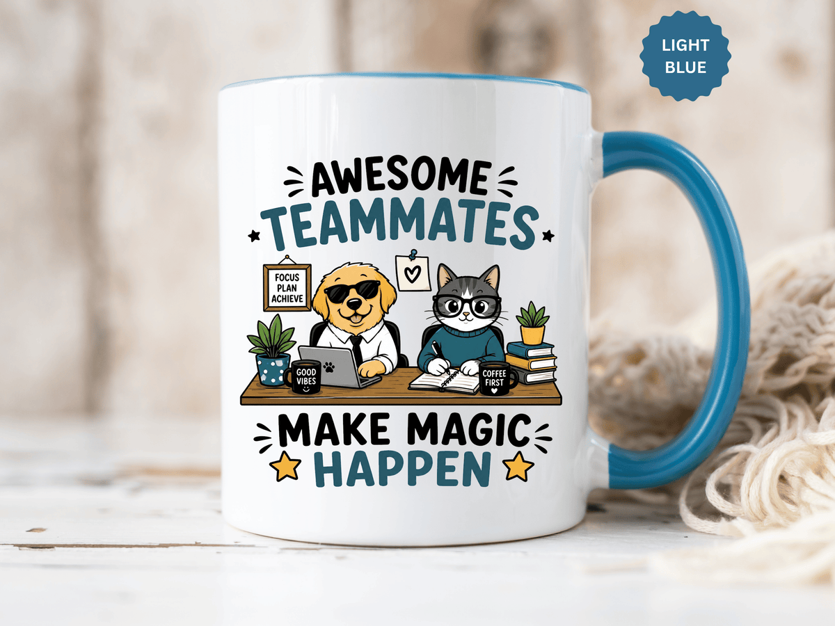 Awesome Teammates Coffee Mug, Coworker Appreciation Gift, Funny Dog and Cat Office Cup, Team Thank You Present for Colleague or Boss