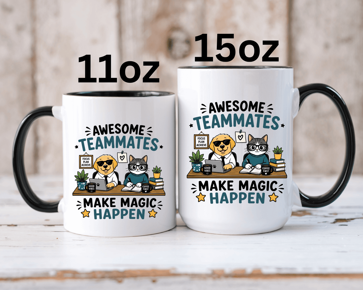 Awesome Teammates Coffee Mug, Coworker Appreciation Gift, Funny Dog and Cat Office Cup, Team Thank You Present for Colleague or Boss
