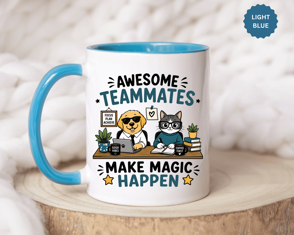 Awesome Teammates Coffee Mug, Coworker Appreciation Gift, Funny Dog and Cat Office Cup, Team Thank You Present for Colleague or Boss
