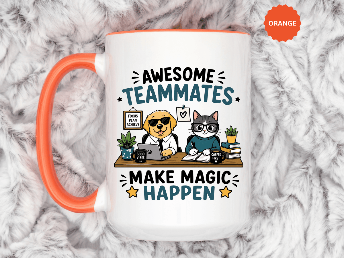 Awesome Teammates Coffee Mug, Coworker Appreciation Gift, Funny Dog and Cat Office Cup, Team Thank You Present for Colleague or Boss