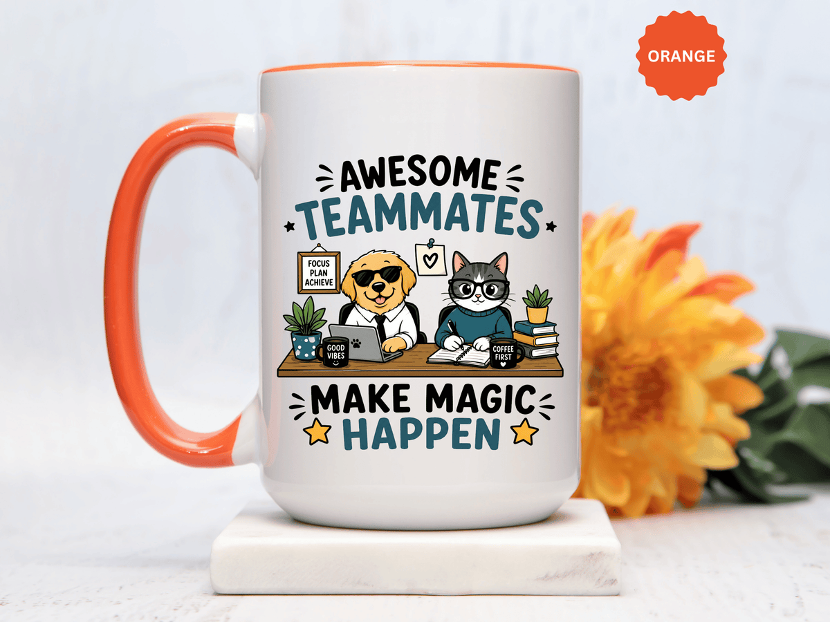 Awesome Teammates Coffee Mug, Coworker Appreciation Gift, Funny Dog and Cat Office Cup, Team Thank You Present for Colleague or Boss