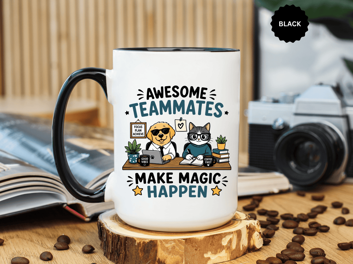 Awesome Teammates Coffee Mug, Coworker Appreciation Gift, Funny Dog and Cat Office Cup, Team Thank You Present for Colleague or Boss