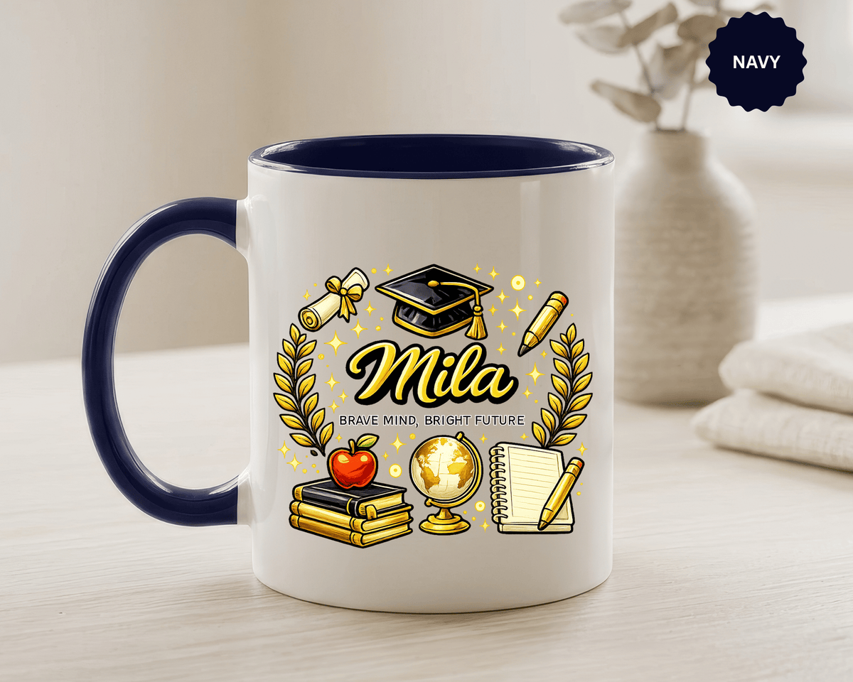 Personalized Graduation Mug for Her, Brave Mind Bright Future Coffee Cup, Custom Name Gift for Daughter, College or High School Graduate