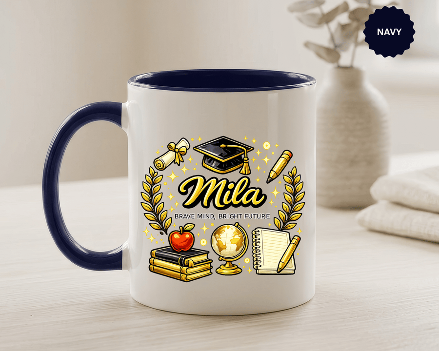 Personalized Graduation Mug for Her, Brave Mind Bright Future Coffee Cup, Custom Name Gift for Daughter, College or High School Graduate