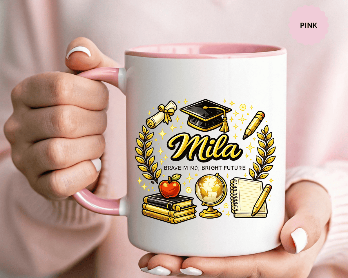 Personalized Graduation Mug for Her, Brave Mind Bright Future Coffee Cup, Custom Name Gift for Daughter, College or High School Graduate