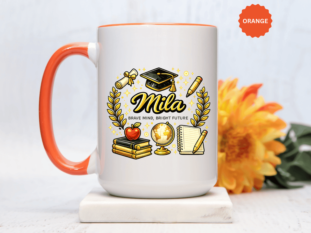 Personalized Graduation Mug for Her, Brave Mind Bright Future Coffee Cup, Custom Name Gift for Daughter, College or High School Graduate