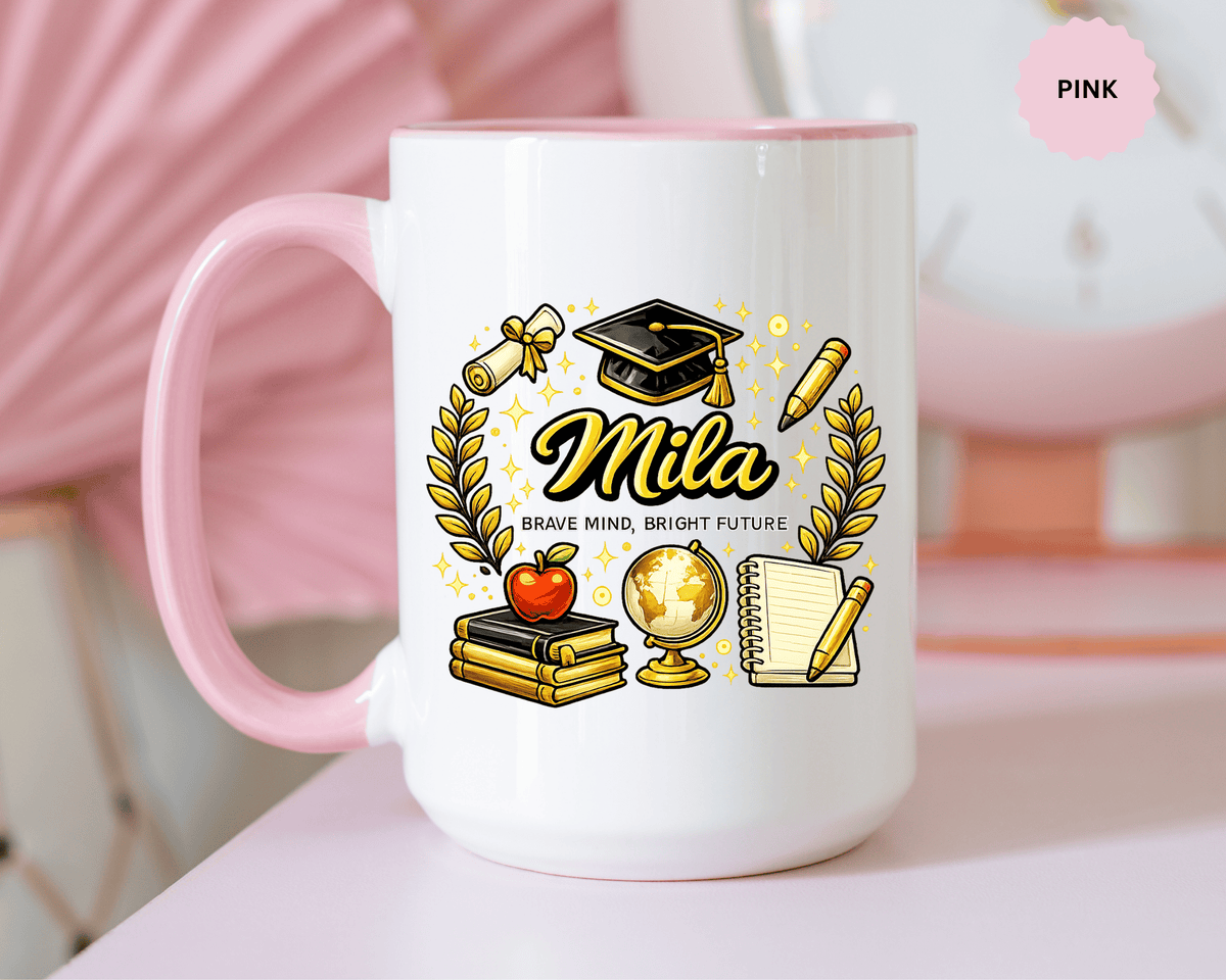 Personalized Graduation Mug for Her, Brave Mind Bright Future Coffee Cup, Custom Name Gift for Daughter, College or High School Graduate