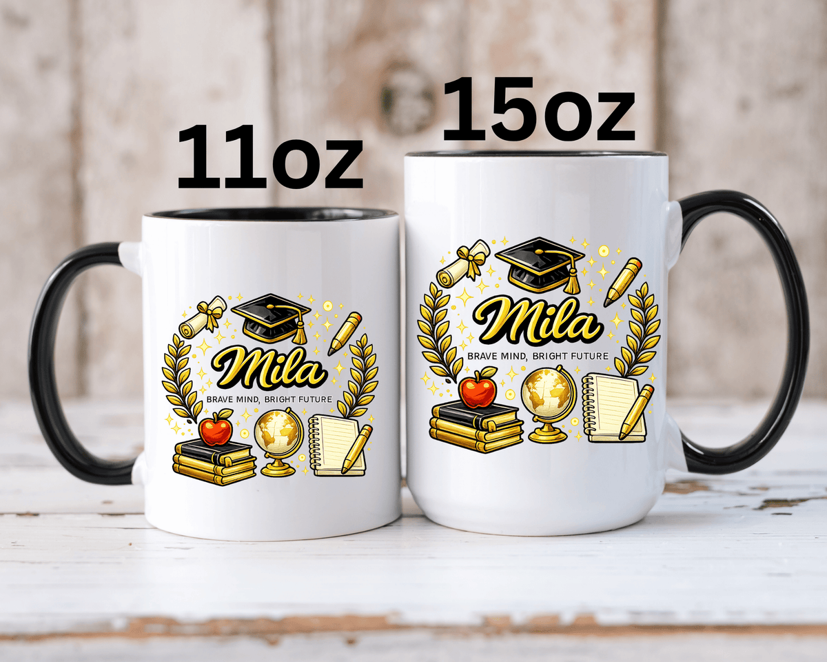 Personalized Graduation Mug for Her, Brave Mind Bright Future Coffee Cup, Custom Name Gift for Daughter, College or High School Graduate