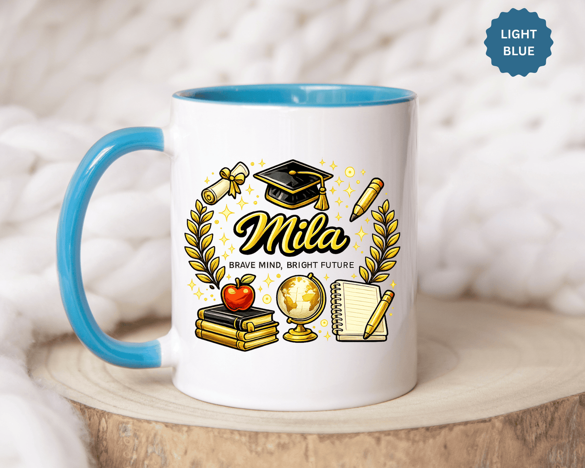 Personalized Graduation Mug for Her, Brave Mind Bright Future Coffee Cup, Custom Name Gift for Daughter, College or High School Graduate