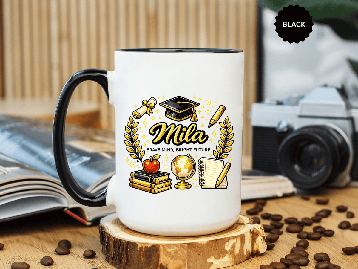 Personalized Graduation Mug for Her, Brave Mind Bright Future Coffee Cup, Custom Name Gift for Daughter, College or High School Graduate