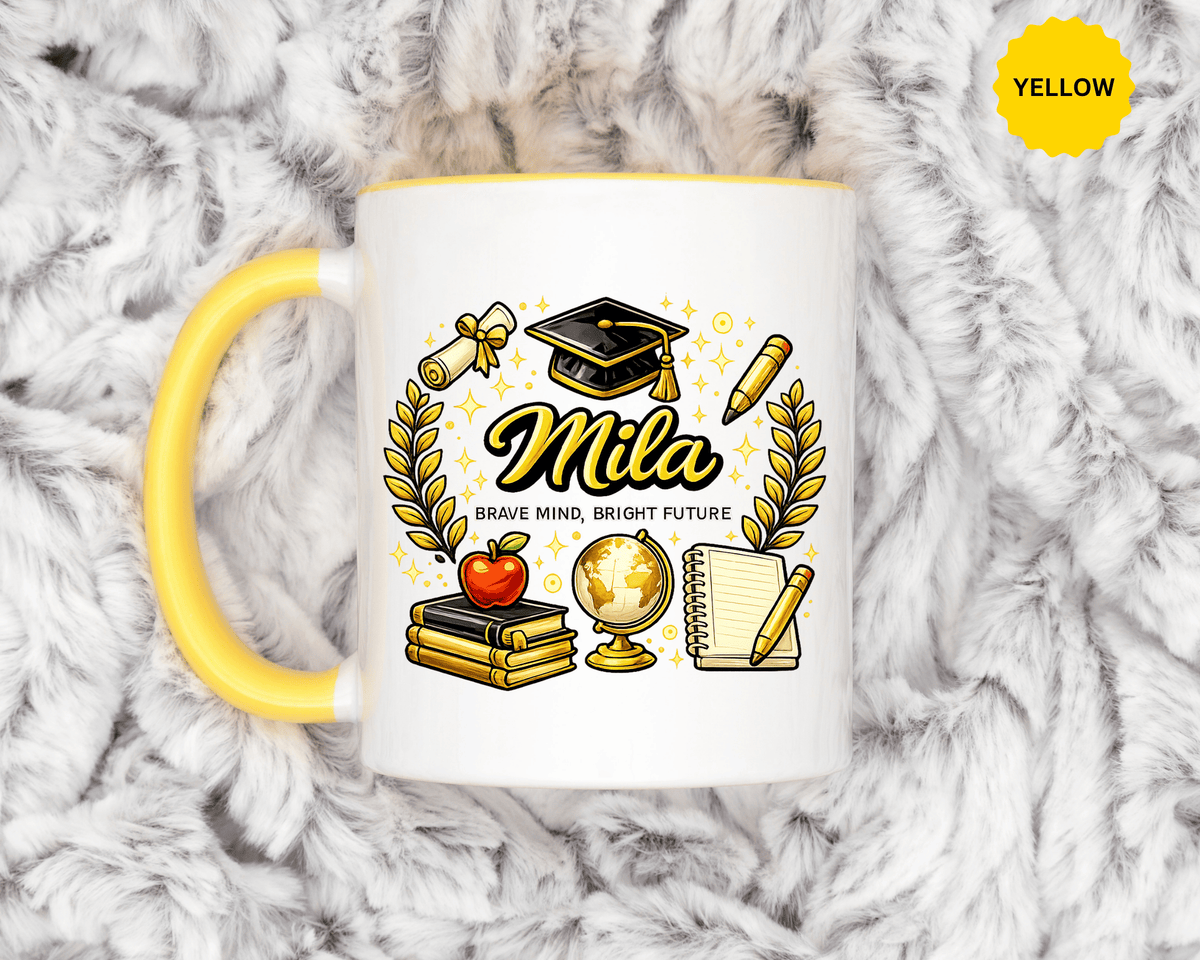 Personalized Graduation Mug for Her, Brave Mind Bright Future Coffee Cup, Custom Name Gift for Daughter, College or High School Graduate