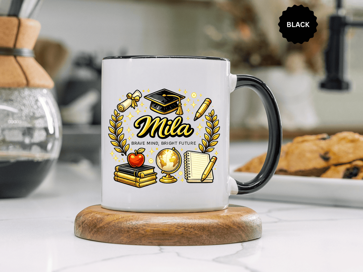 Personalized Graduation Mug for Her, Brave Mind Bright Future Coffee Cup, Custom Name Gift for Daughter, College or High School Graduate