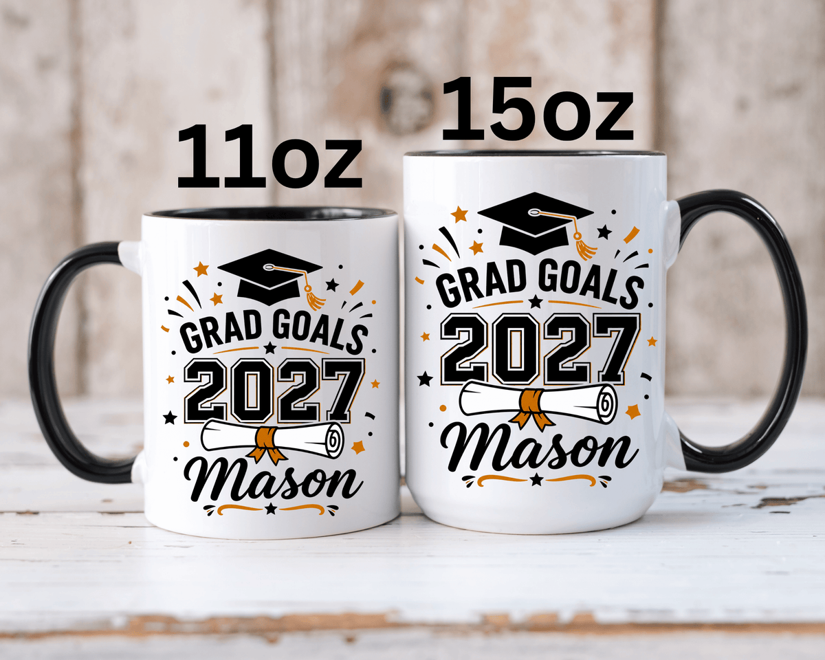 Personalized Graduation Mug, Grad Goals 2027 Coffee Cup, Custom Name Gift for Him, High School or College Senior, Proud Family Present