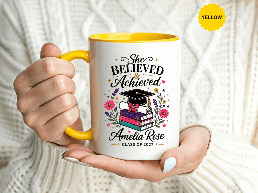Personalized Graduation Mug for Her, She Believed and Achieved Coffee Cup, Custom Name Class of 2027 Gift, Floral Graduation Keepsake