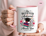 Personalized Graduation Mug for Her, She Believed and Achieved Coffee Cup, Custom Name Class of 2027 Gift, Floral Graduation Keepsake