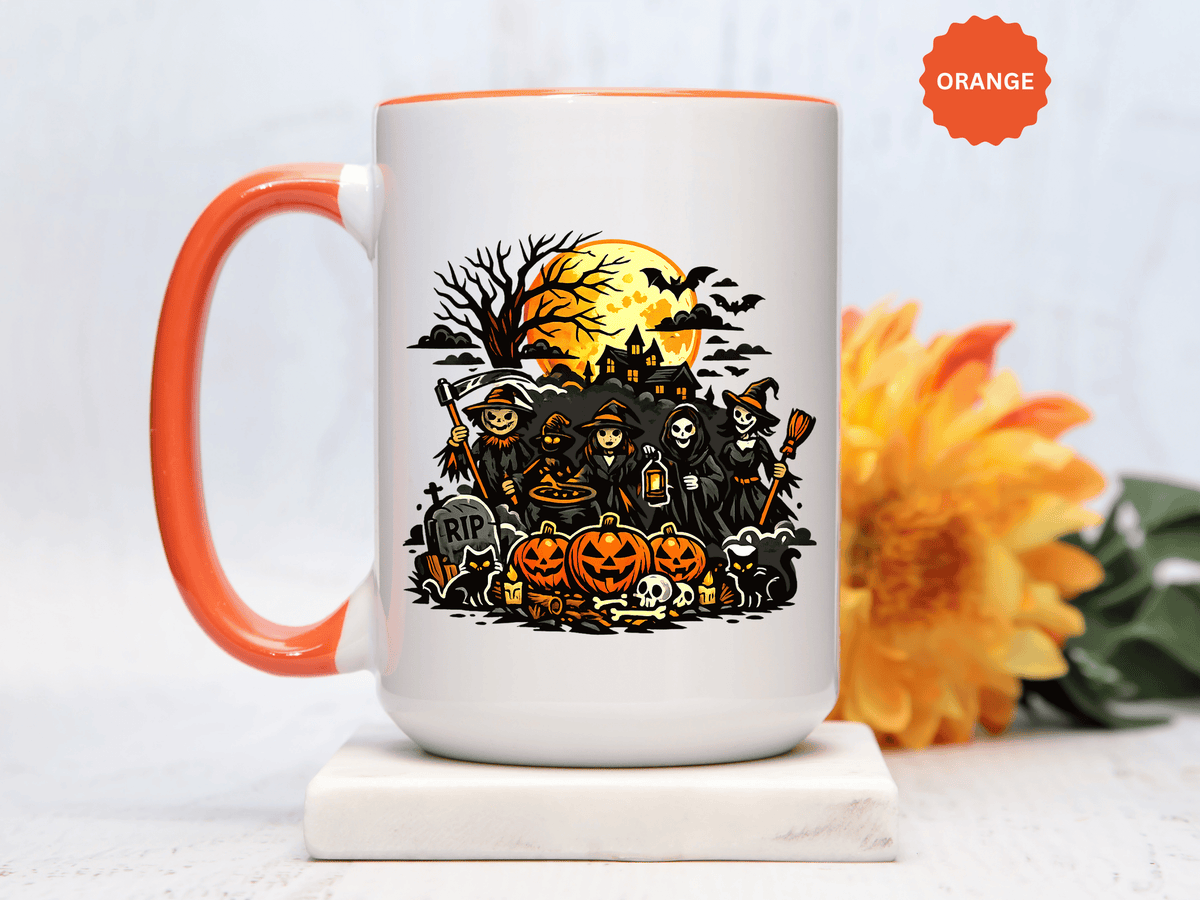 Halloween Witch Coffee Mug, Spooky Reaper and Pumpkin Cup, Gothic Horror Gift for Halloween Lover, Haunted House October Drinkware
