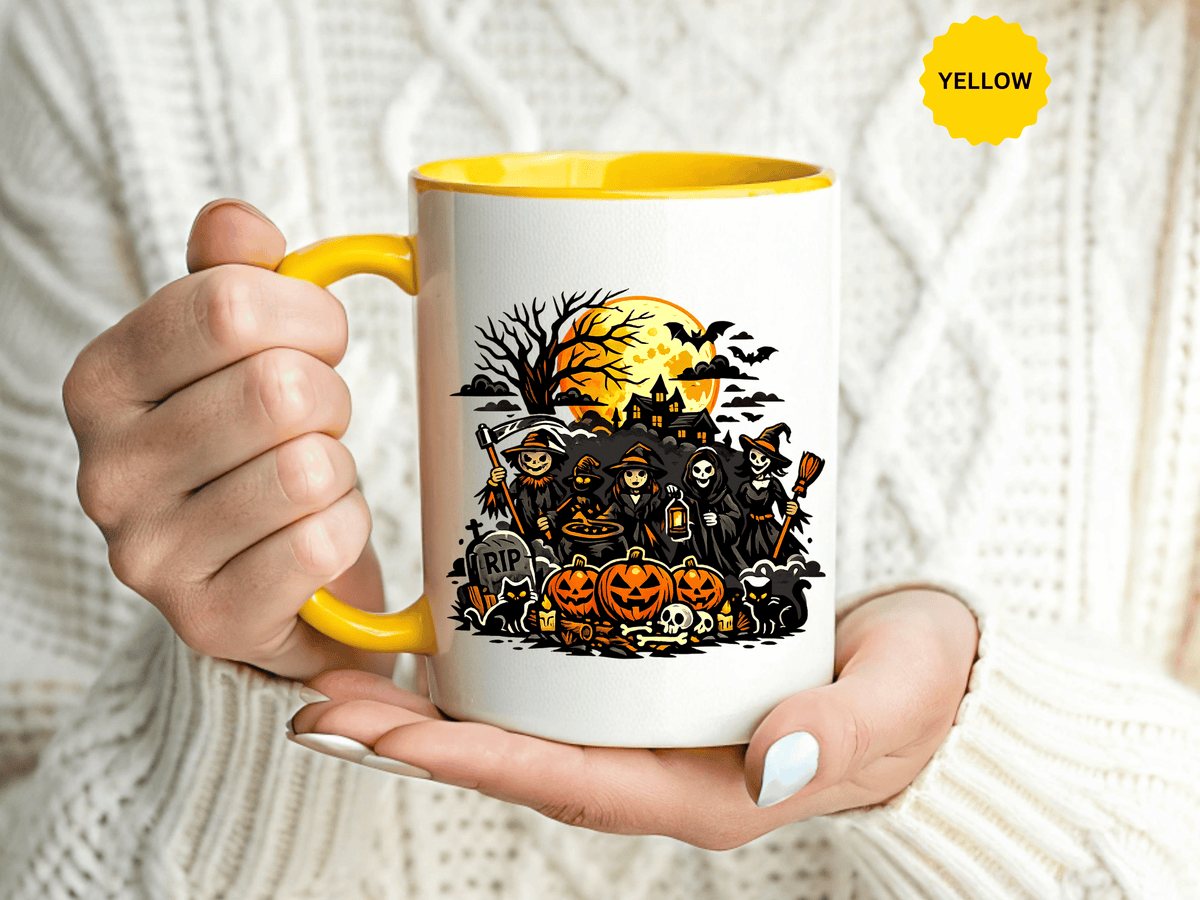 Halloween Witch Coffee Mug, Spooky Reaper and Pumpkin Cup, Gothic Horror Gift for Halloween Lover, Haunted House October Drinkware
