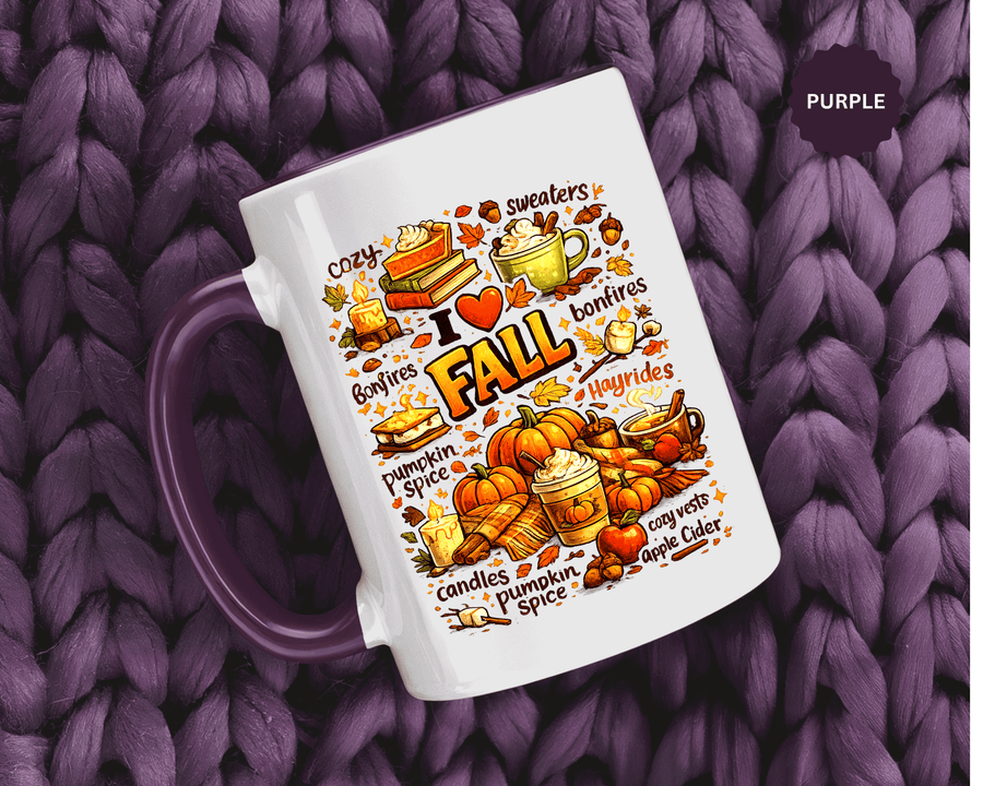 I Love Fall Coffee Mug, Cozy Autumn Pumpkin Spice Cup, Gift for Fall Lover, Book Reader, Teacher or Mom, Thanksgiving Kitchen Decor