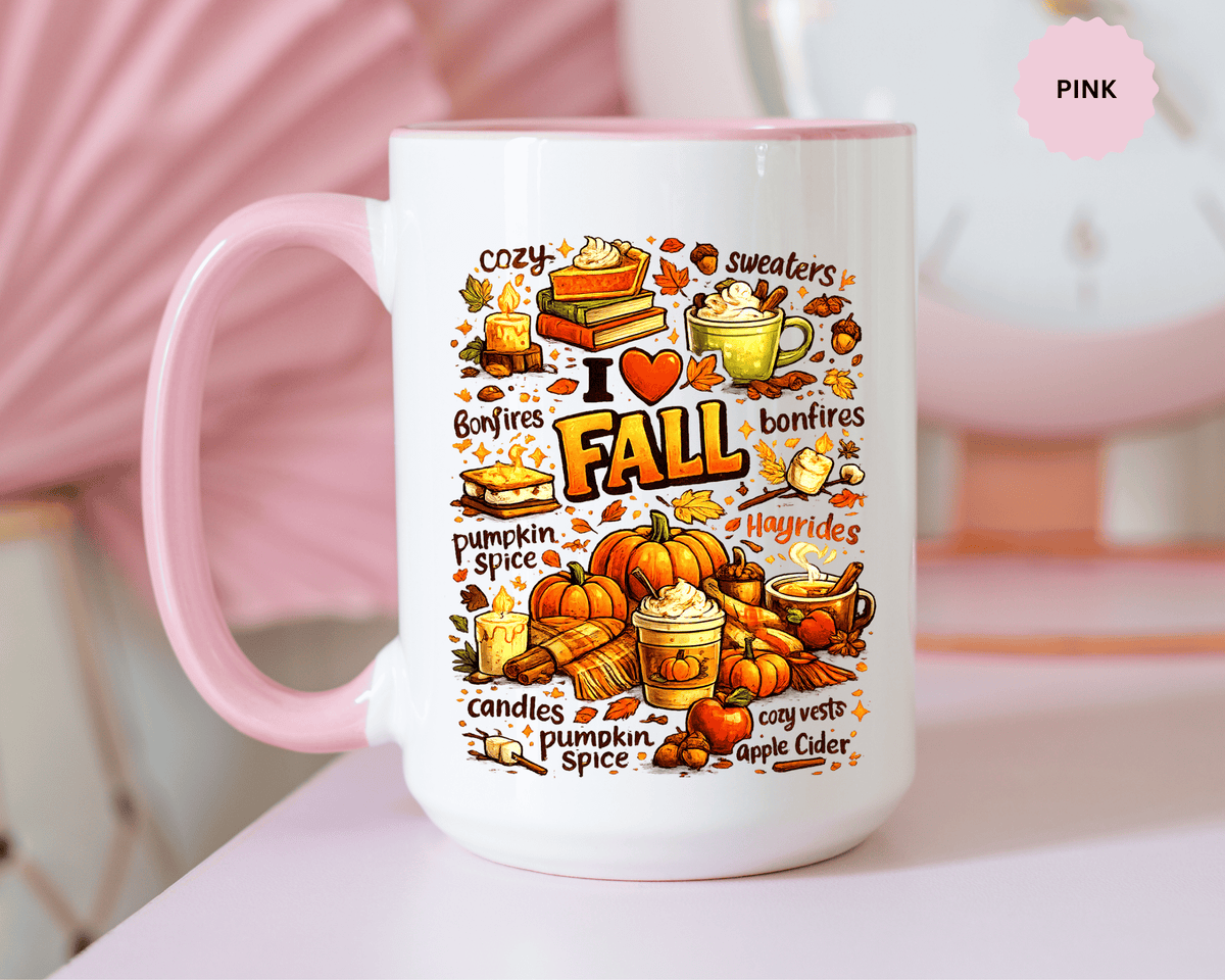 I Love Fall Coffee Mug, Cozy Autumn Pumpkin Spice Cup, Gift for Fall Lover, Book Reader, Teacher or Mom, Thanksgiving Kitchen Decor