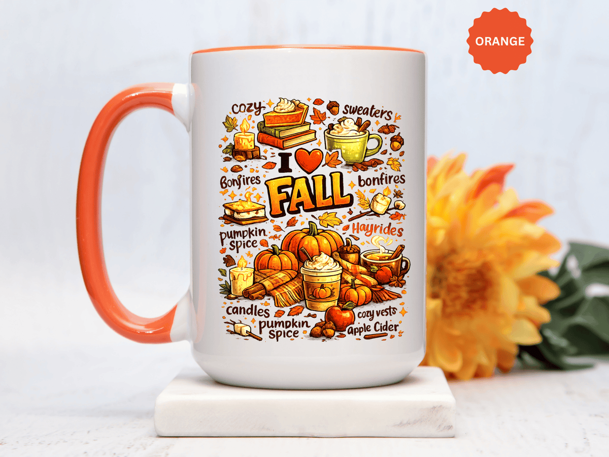 I Love Fall Coffee Mug, Cozy Autumn Pumpkin Spice Cup, Gift for Fall Lover, Book Reader, Teacher or Mom, Thanksgiving Kitchen Decor