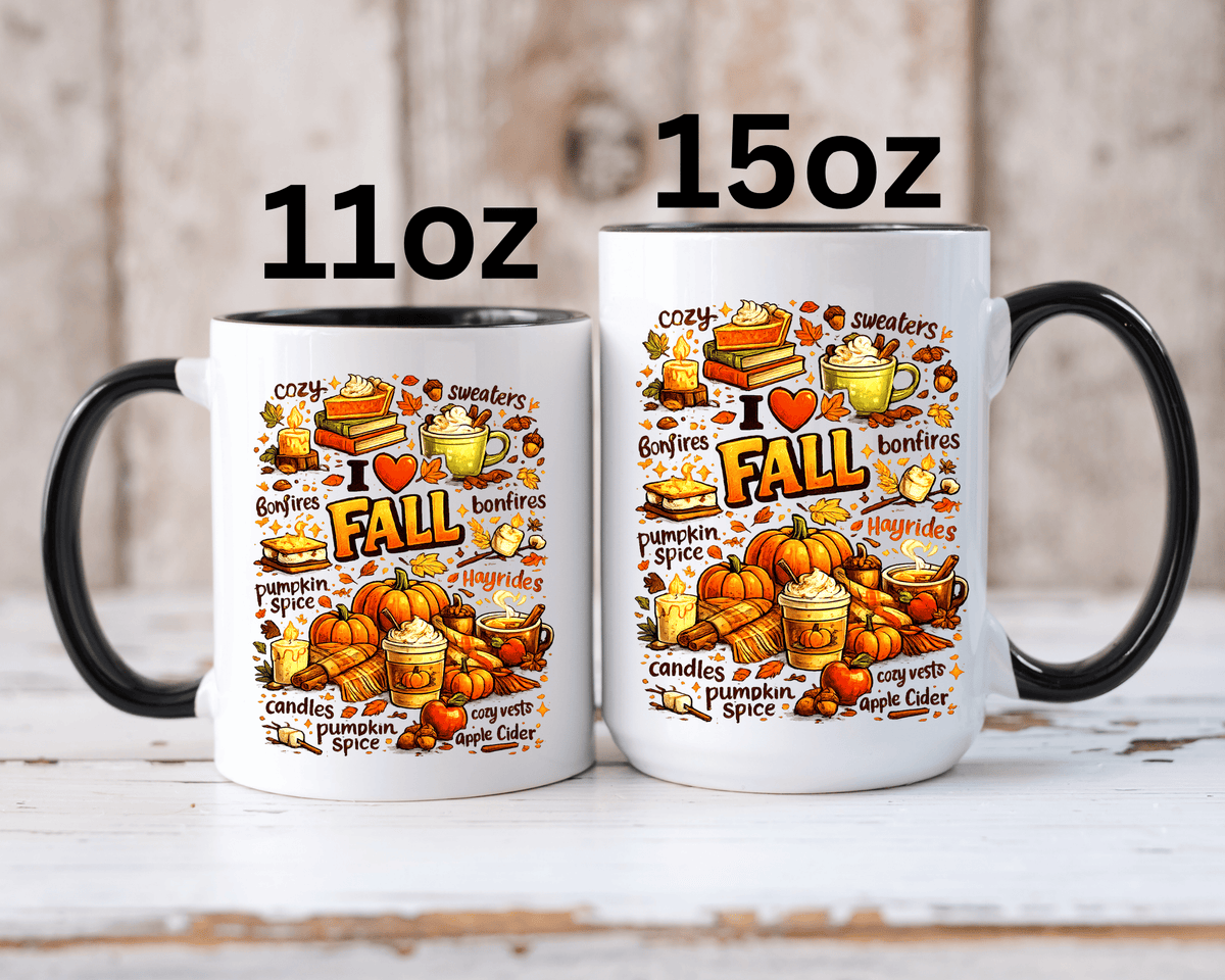 I Love Fall Coffee Mug, Cozy Autumn Pumpkin Spice Cup, Gift for Fall Lover, Book Reader, Teacher or Mom, Thanksgiving Kitchen Decor