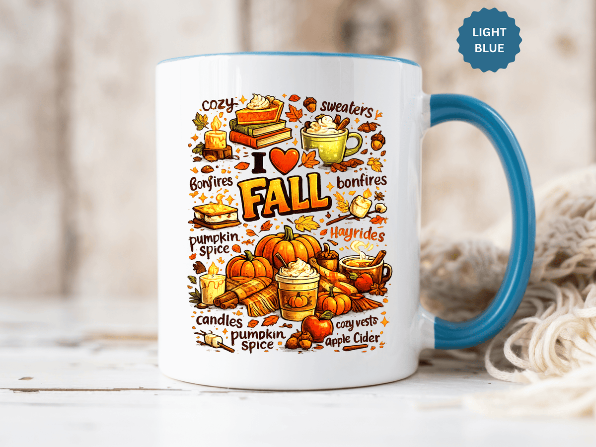 I Love Fall Coffee Mug, Cozy Autumn Pumpkin Spice Cup, Gift for Fall Lover, Book Reader, Teacher or Mom, Thanksgiving Kitchen Decor