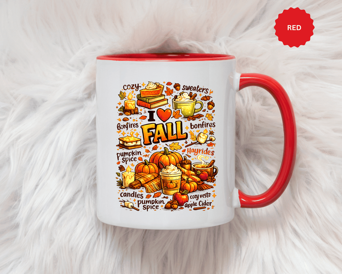 I Love Fall Coffee Mug, Cozy Autumn Pumpkin Spice Cup, Gift for Fall Lover, Book Reader, Teacher or Mom, Thanksgiving Kitchen Decor