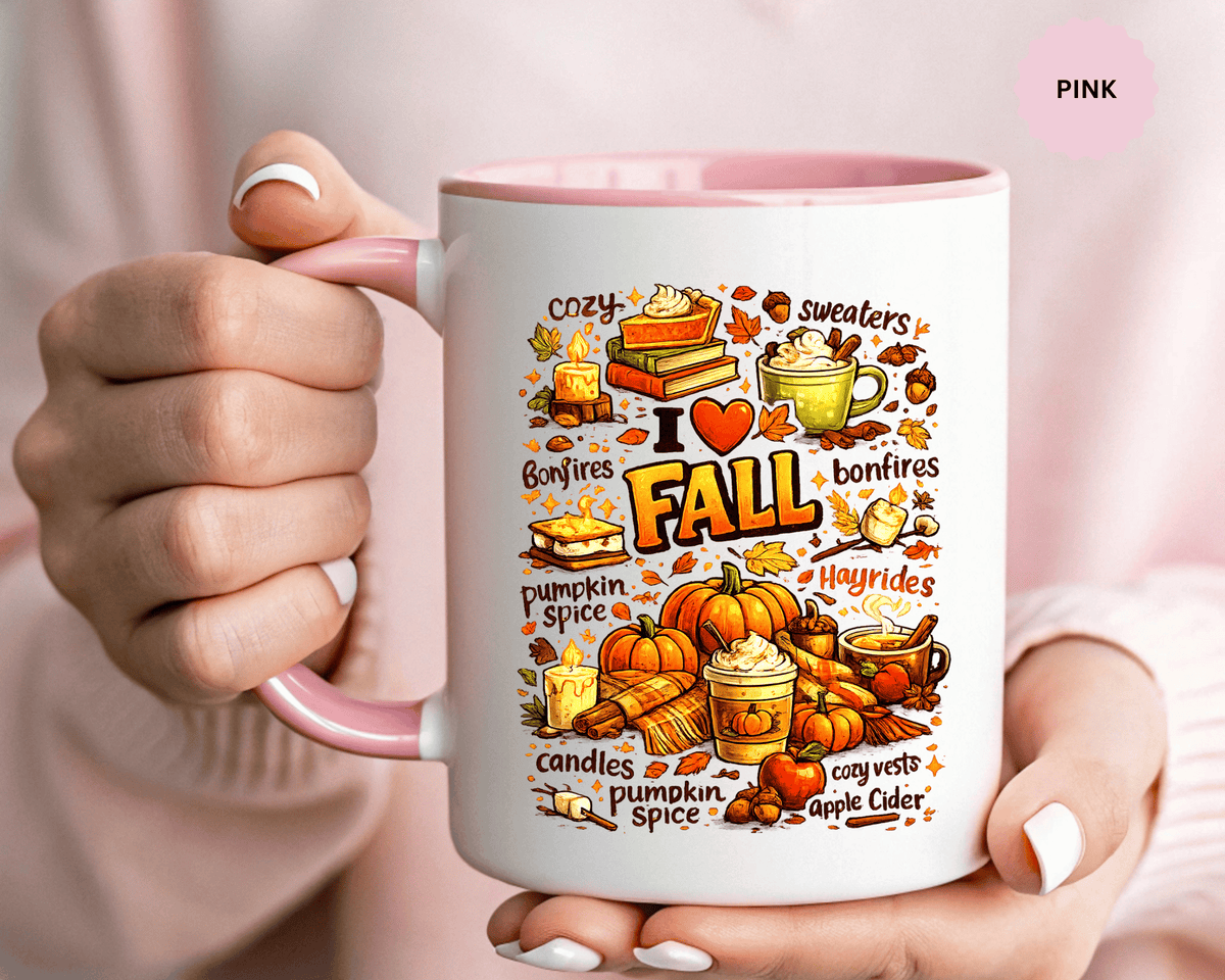 I Love Fall Coffee Mug, Cozy Autumn Pumpkin Spice Cup, Gift for Fall Lover, Book Reader, Teacher or Mom, Thanksgiving Kitchen Decor