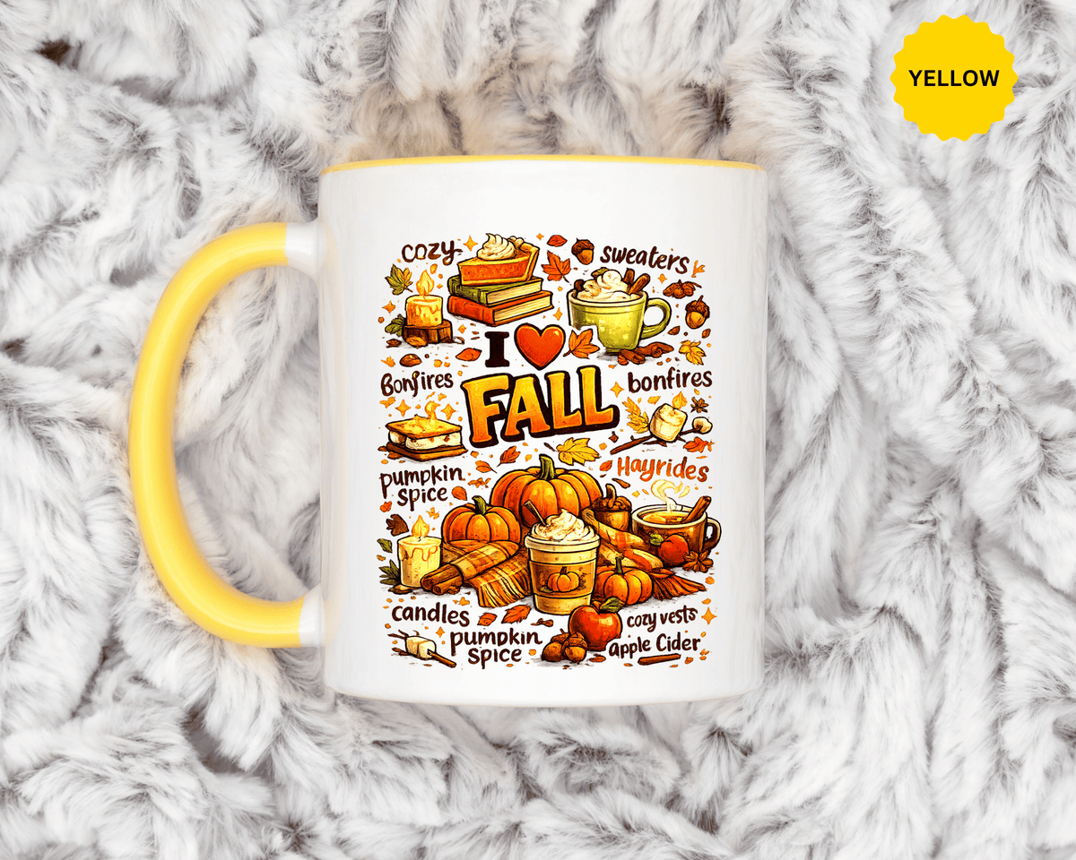 I Love Fall Coffee Mug, Cozy Autumn Pumpkin Spice Cup, Gift for Fall Lover, Book Reader, Teacher or Mom, Thanksgiving Kitchen Decor