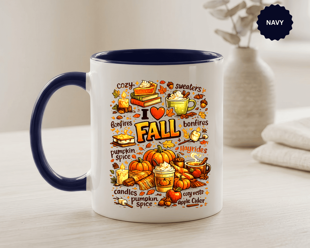 I Love Fall Coffee Mug, Cozy Autumn Pumpkin Spice Cup, Gift for Fall Lover, Book Reader, Teacher or Mom, Thanksgiving Kitchen Decor