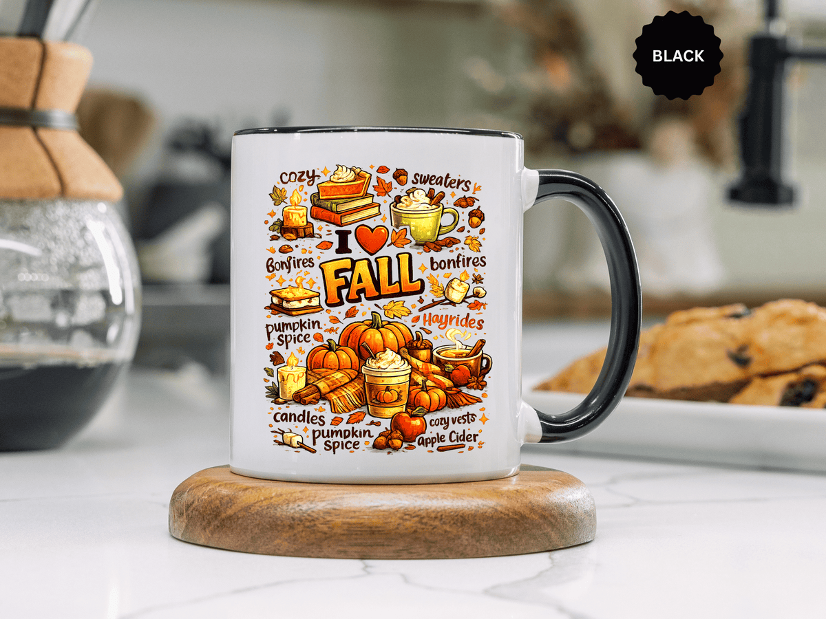 I Love Fall Coffee Mug, Cozy Autumn Pumpkin Spice Cup, Gift for Fall Lover, Book Reader, Teacher or Mom, Thanksgiving Kitchen Decor