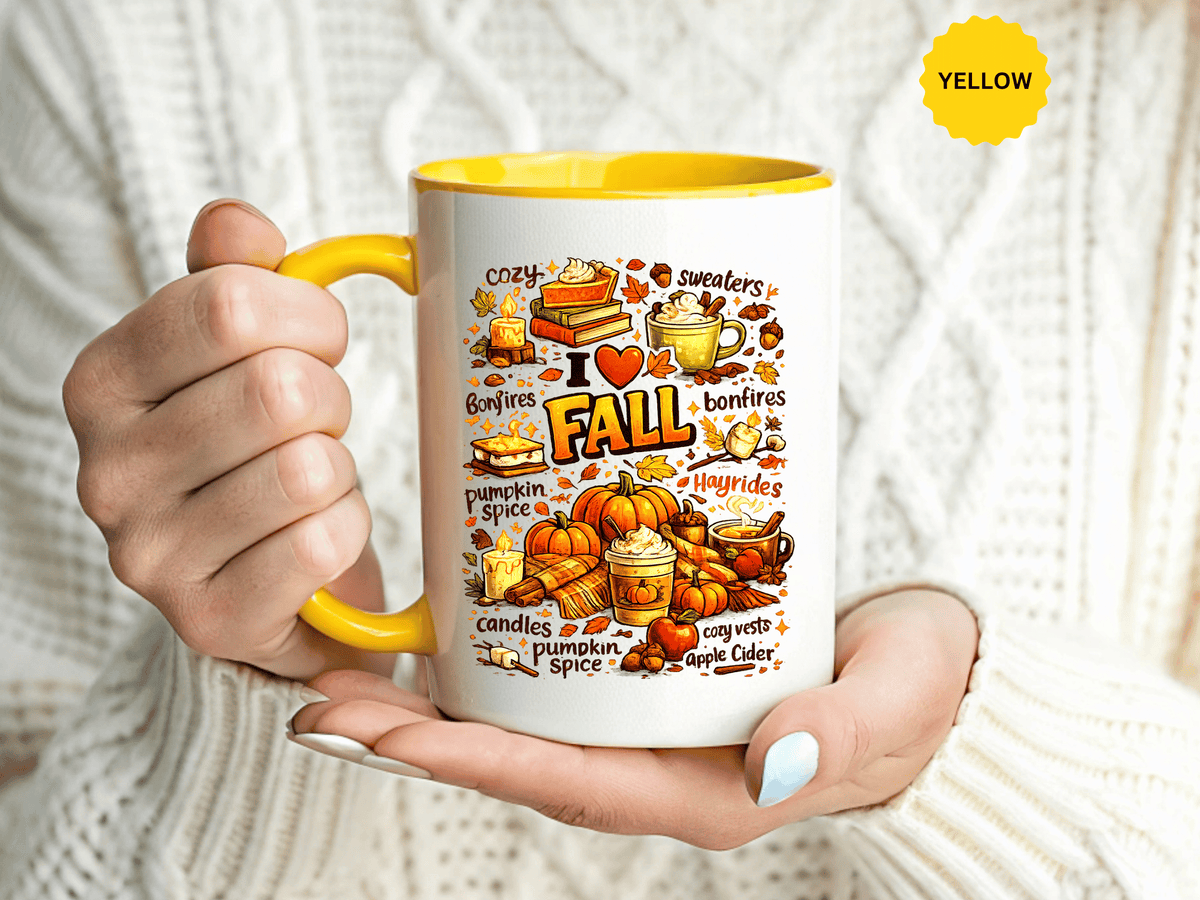 I Love Fall Coffee Mug, Cozy Autumn Pumpkin Spice Cup, Gift for Fall Lover, Book Reader, Teacher or Mom, Thanksgiving Kitchen Decor