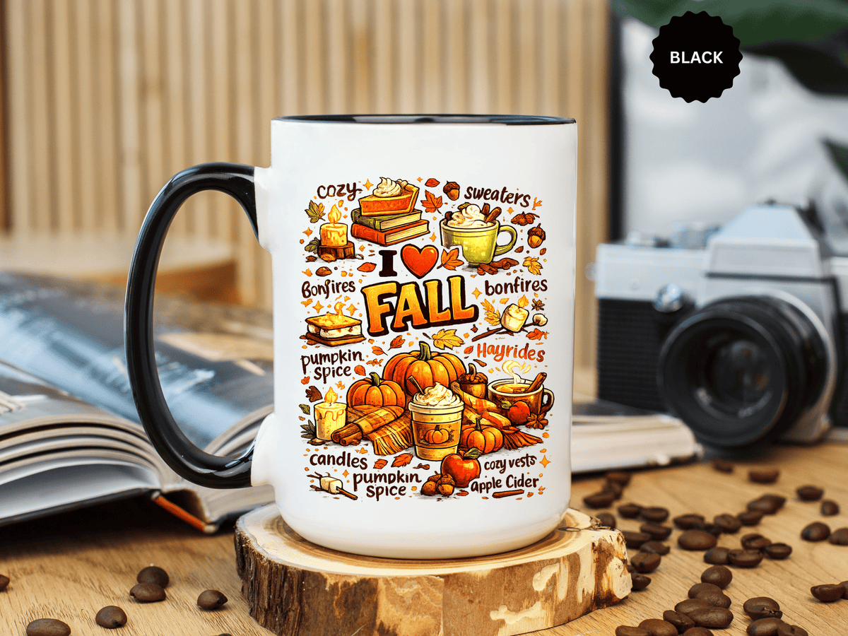 I Love Fall Coffee Mug, Cozy Autumn Pumpkin Spice Cup, Gift for Fall Lover, Book Reader, Teacher or Mom, Thanksgiving Kitchen Decor