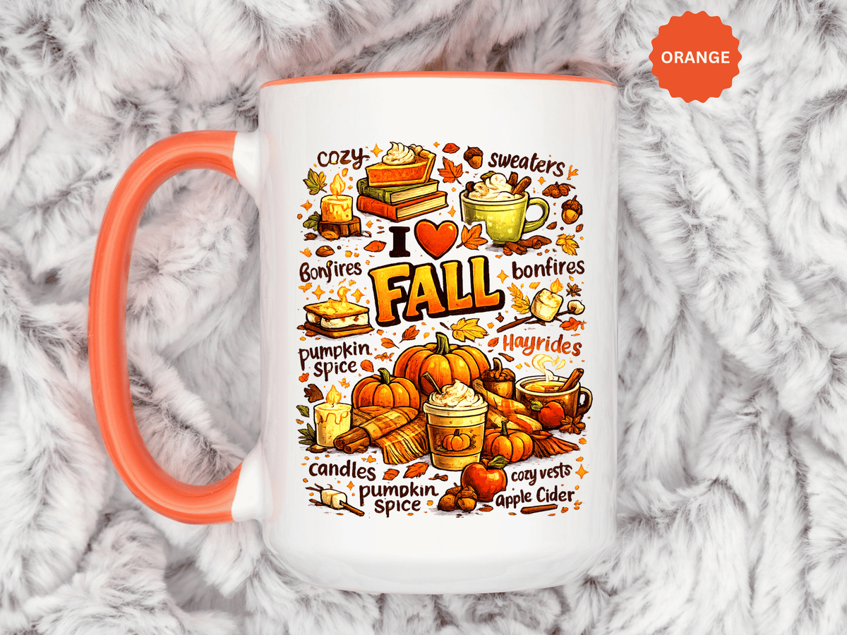 I Love Fall Coffee Mug, Cozy Autumn Pumpkin Spice Cup, Gift for Fall Lover, Book Reader, Teacher or Mom, Thanksgiving Kitchen Decor