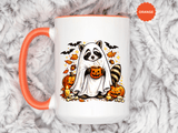 Cute Raccoon Halloween Mug, Ghost Costume Coffee Cup, Spooky Pumpkin Gift for Animal Lover, Fall Birthday or October Office Desk Decor