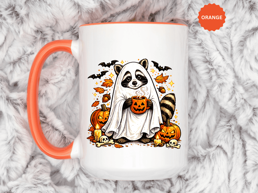 Cute Raccoon Halloween Mug, Ghost Costume Coffee Cup, Spooky Pumpkin Gift for Animal Lover, Fall Birthday or October Office Desk Decor