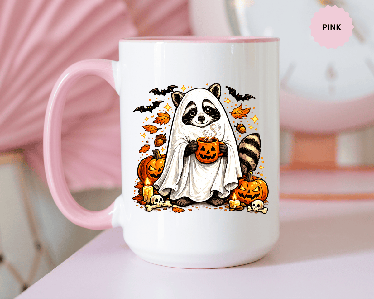Cute Raccoon Halloween Mug, Ghost Costume Coffee Cup, Spooky Pumpkin Gift for Animal Lover, Fall Birthday or October Office Desk Decor
