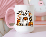 Cute Raccoon Halloween Mug, Ghost Costume Coffee Cup, Spooky Pumpkin Gift for Animal Lover, Fall Birthday or October Office Desk Decor