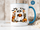 Cute Raccoon Halloween Mug, Ghost Costume Coffee Cup, Spooky Pumpkin Gift for Animal Lover, Fall Birthday or October Office Desk Decor
