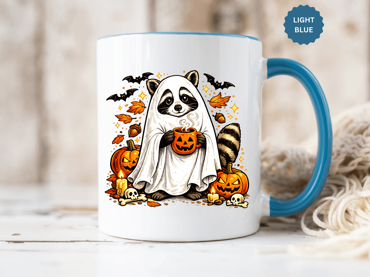 Cute Raccoon Halloween Mug, Ghost Costume Coffee Cup, Spooky Pumpkin Gift for Animal Lover, Fall Birthday or October Office Desk Decor