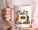 Cute Raccoon Halloween Mug, Ghost Costume Coffee Cup, Spooky Pumpkin Gift for Animal Lover, Fall Birthday or October Office Desk Decor