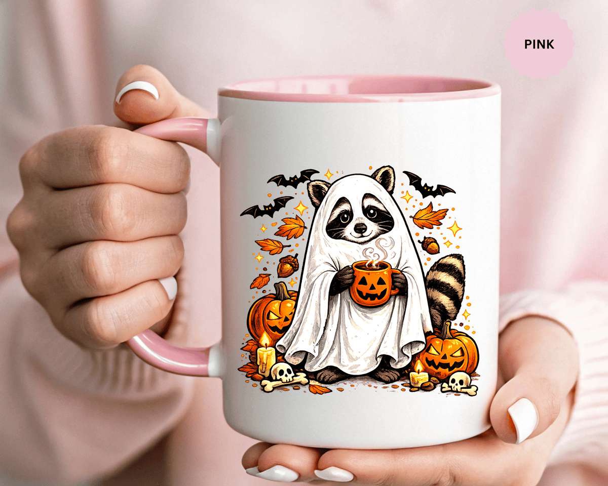 Cute Raccoon Halloween Mug, Ghost Costume Coffee Cup, Spooky Pumpkin Gift for Animal Lover, Fall Birthday or October Office Desk Decor