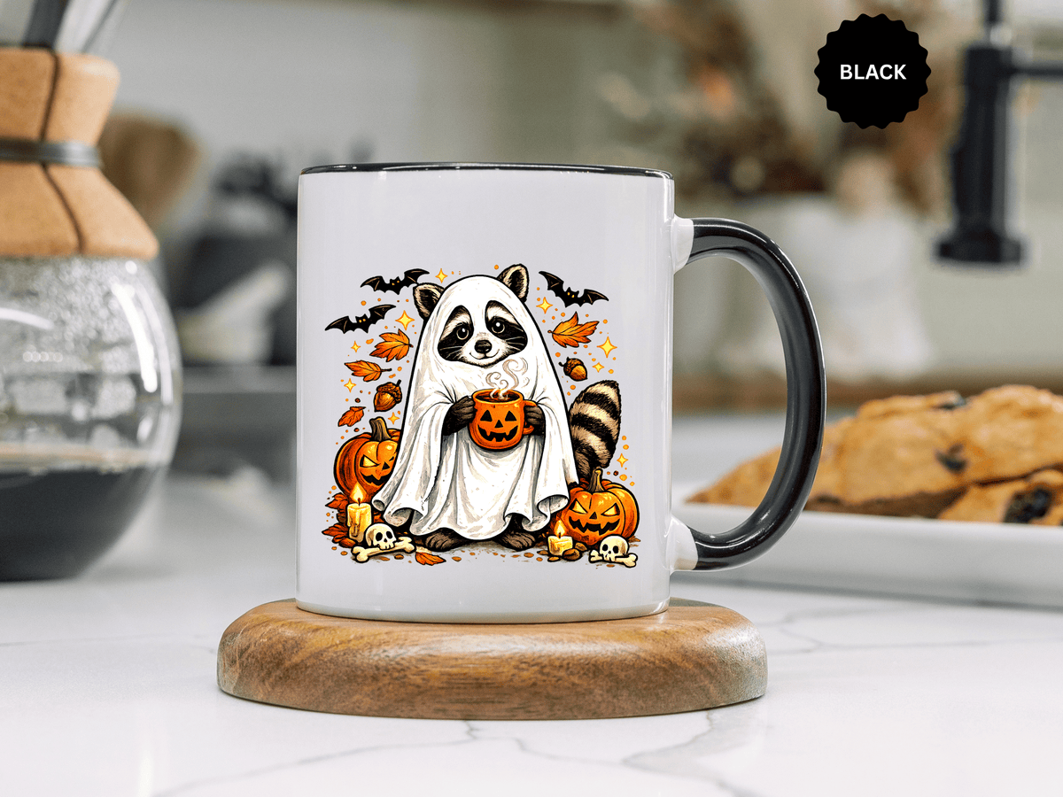 Cute Raccoon Halloween Mug, Ghost Costume Coffee Cup, Spooky Pumpkin Gift for Animal Lover, Fall Birthday or October Office Desk Decor