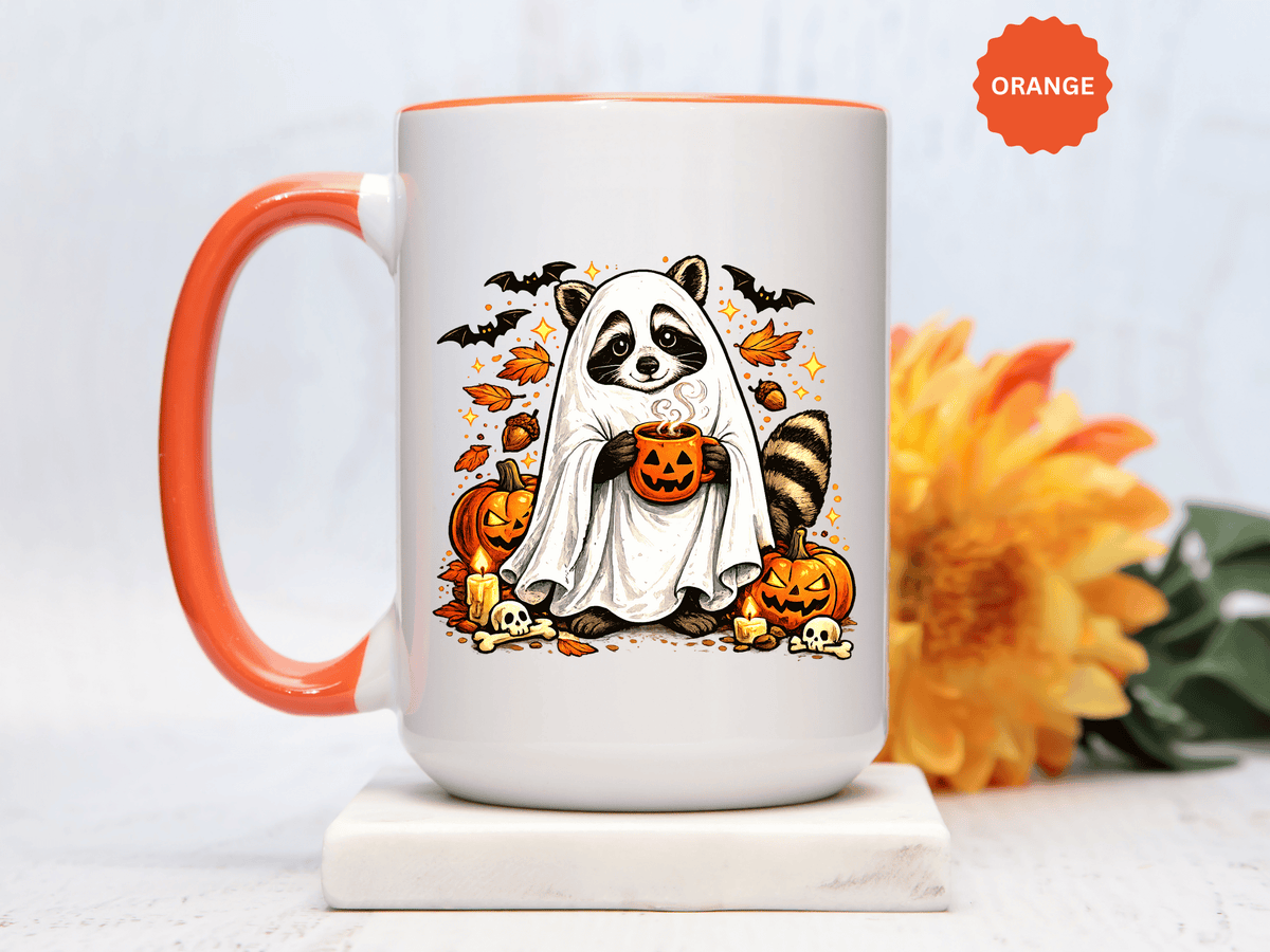Cute Raccoon Halloween Mug, Ghost Costume Coffee Cup, Spooky Pumpkin Gift for Animal Lover, Fall Birthday or October Office Desk Decor