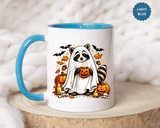 Cute Raccoon Halloween Mug, Ghost Costume Coffee Cup, Spooky Pumpkin Gift for Animal Lover, Fall Birthday or October Office Desk Decor