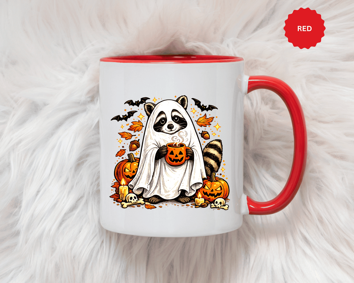 Cute Raccoon Halloween Mug, Ghost Costume Coffee Cup, Spooky Pumpkin Gift for Animal Lover, Fall Birthday or October Office Desk Decor