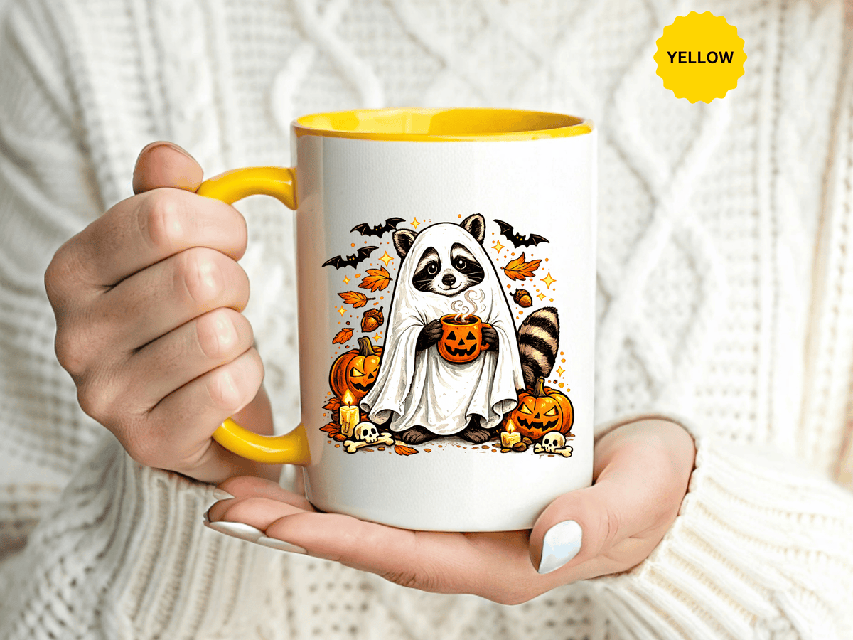 Cute Raccoon Halloween Mug, Ghost Costume Coffee Cup, Spooky Pumpkin Gift for Animal Lover, Fall Birthday or October Office Desk Decor