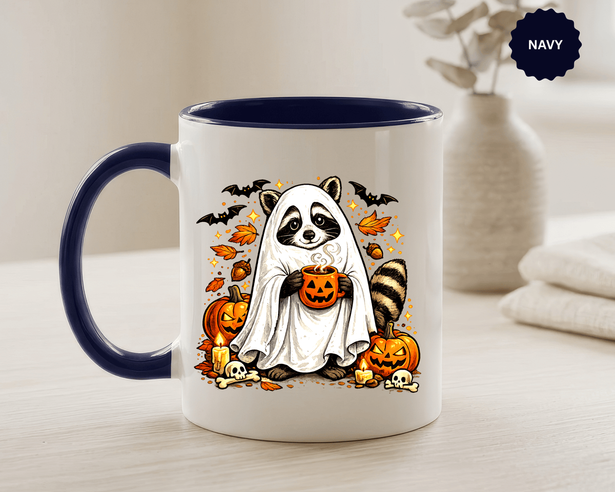 Cute Raccoon Halloween Mug, Ghost Costume Coffee Cup, Spooky Pumpkin Gift for Animal Lover, Fall Birthday or October Office Desk Decor